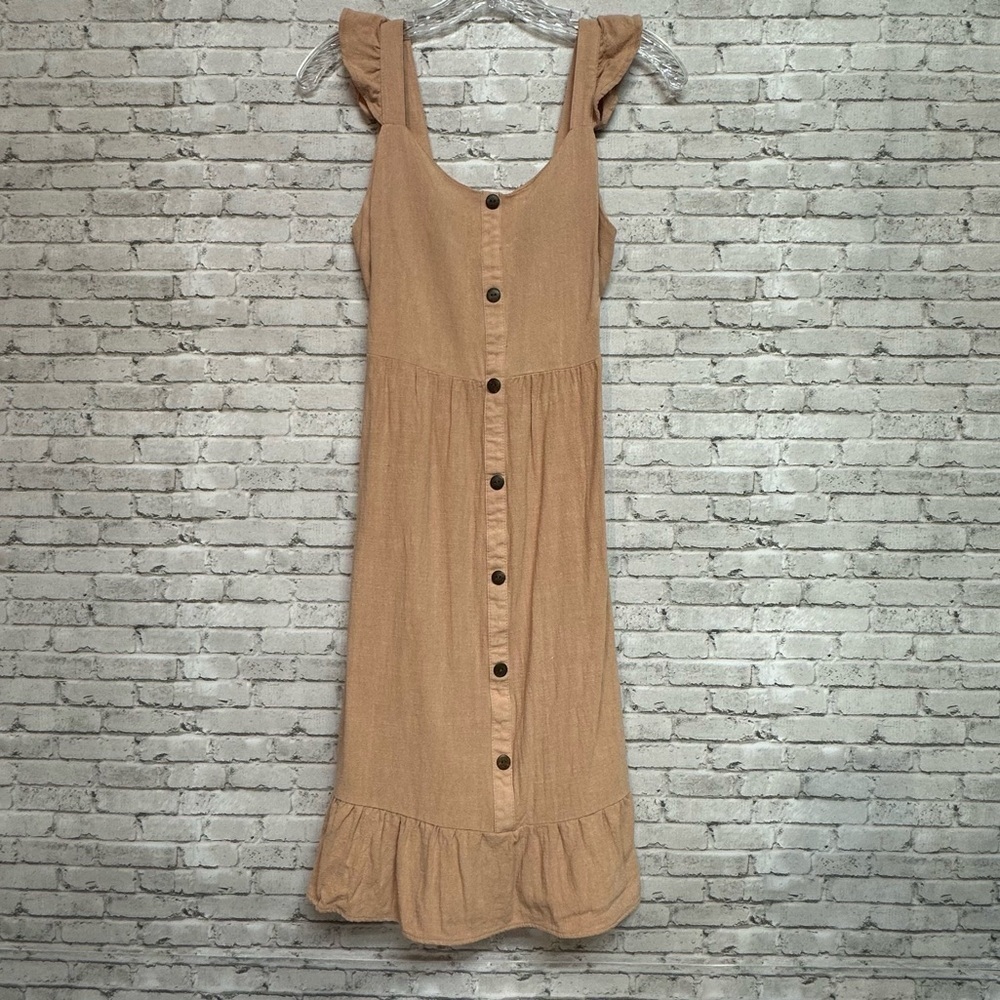 Monteau Los Angeles Small Midi Pink Dress Linen Blend Buttons Ruffles Smock Back